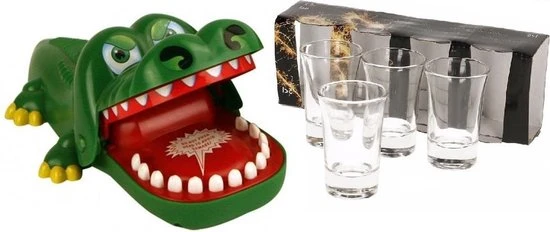 Merkloos Vrijgezellenfeestje Drankspellen Bijtende Krokodil - Inclusief 4 Stuks Gratis Shotglazen