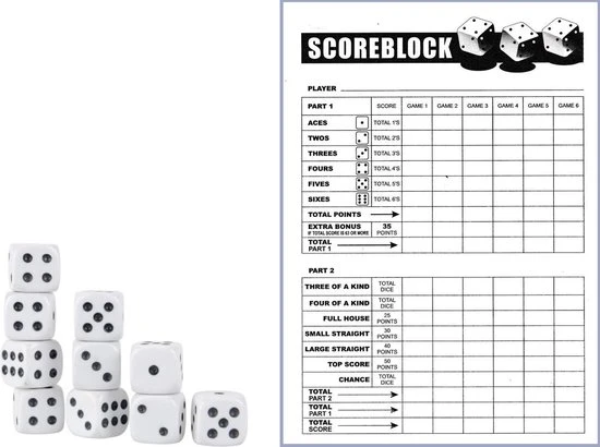 Barkleydeal Yahtzee Scoreblok + 10x Witte Dobbelstenen | Spel Voor Op Reis | Scoreblock | Spelletjes | Dobbelspellen | Spellen