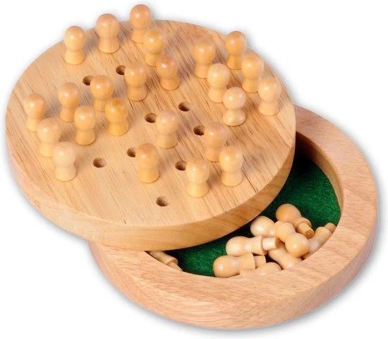 Longfield RUBBER WOOD TRAVEL SOLITAIR INCLUDING 33 WOODEN PEGS AND RULES OF THE GAME - DIAMETER 12 CM