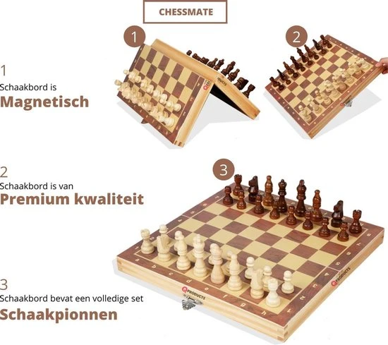 Qproducts Chessmate Inclusief Ebook Magnetisch Schaakspel Schaakbord Schaakbord Met Schaakstukken Schaakset Schaakspellen Schaakspel Hout Volwassenen Schaakborden Kinderen - Afbeelding 6